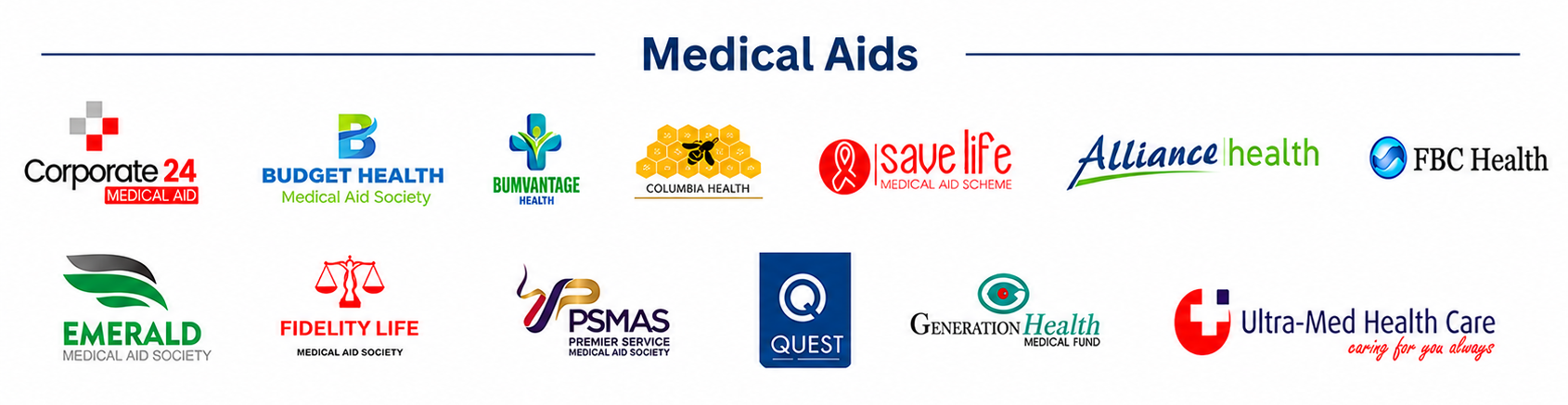 Clearoptics partner medical aids including Corporate 24, Budget Health, Advantage, CellMed Health, Save Life, Alliance Health, FBC Health, Emerald, Fidelity Life, PSMAS, Quest, Generation Health and Ultra-Med, plus major clients including ZBC, Airports Company of Zimbabwe, SMEDCO, Tensor and Mundia & Mudhara.