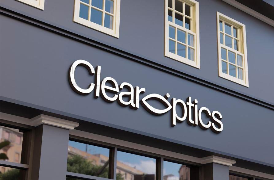 The Clearoptics storefront signage on a building exterior.